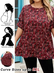 SHEIN CURVE+ Áo kiểu nữ cỡ lớn in hoa, tay hai lớp, thanh lịch cho mùa hè, áo sơ mi nữ, áo kiểu nữ, áo dễ thương, áo sơ mi mùa hè, áo sơ mi ngộ nghĩnh. - Màu đỏ tím - Xem 7