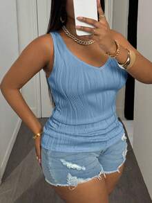 Slaydiva Atasan Camisole V-Neck Kasual Wanita Ukuran Besar, Putih - Biru - View 4