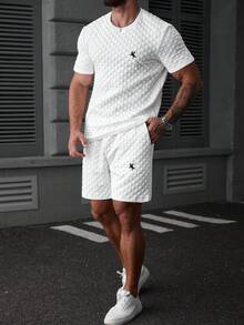 Manfinity CasualCool 2pcs Men's Slim Fit Quilted Plaid Textured Short Sleeve Shorts Set, With Embroidered Design - White - View 7