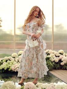MOTF Soiréza ELEGANT WOMEN'S OFF-SHOULDER MAXI PARTY GOWN IN WHITE BASE WITH SOFT PURPLE, ORANGE & PINK RANDOM FLORAL PATTERNS ACCENTED BY GREEN FOLIAGE - White - View 8
