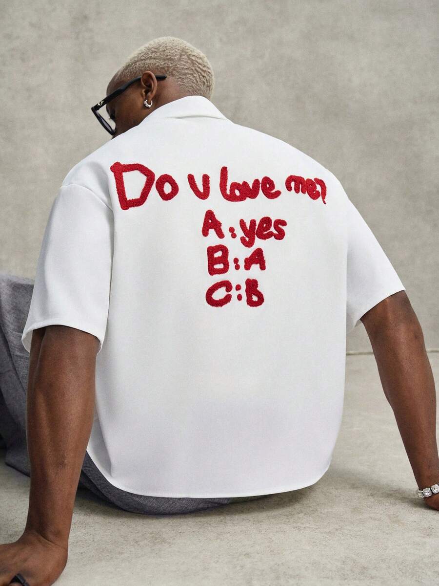 PAVTROS Men's Casual Letter Flocked Front Button Short Sleeve Shirt, Summer Funny Shirt Shirt With Text Custom Shirt Personalised Shirt - White - View 1