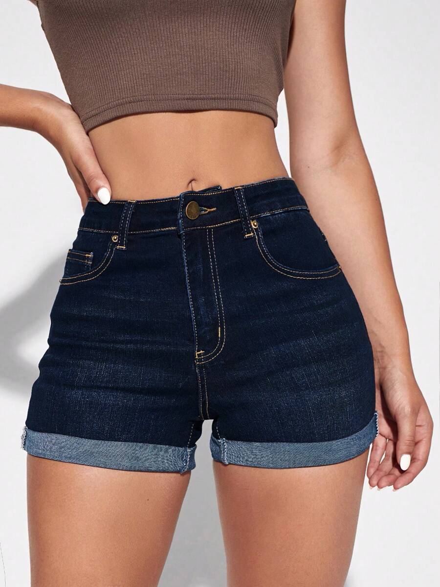 SHEIN Essnce Women's Solid Color Minimalist Casual Denim Shorts - Dark Wash - View 1