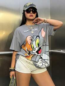 TOM & JERRY X SHEIN 大码字母卡通印花圆领休闲短袖T恤 - 灰色 - 查看 1
