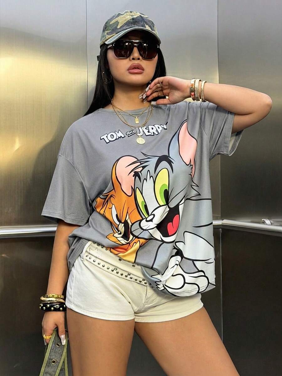 TOM & JERRY X SHEIN 大码字母卡通印花圆领休闲短袖T恤 - 灰色 - 查看 1