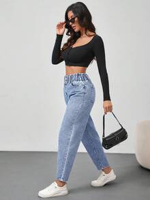 SHEIN Tall Women's Button Waist Design Pocket Tapered Jeans, Tall Back-To-School Light Blue Summer Casual - Light Wash - View 4