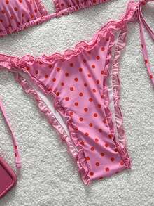 Swim Mod 2-Piece Floral Print Mesh Trim Halter Bikini Set, Sexy Swimwear Summer Picks Pink Bikini Ruffle Trim Bikini Tie Side Bikini Polka Dot Bikini - Pink - View 7