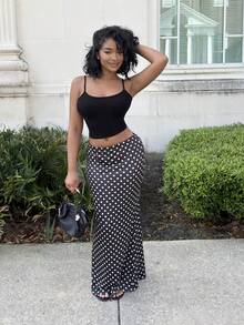 Alexandranx Chân váy nữ dệt kim họa tiết chấm bi dáng đuôi cá, thích hợp mặc hàng ngày. - màu đen - Xem 1