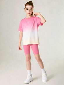 SHEIN Set Pakaian Anak Perempuan Remaja 2 Potong: Kerah Bulat Blok Warna Gradien, Lucu, Sekolah, Kembali ke Sekolah - Hot Pink - View 9
