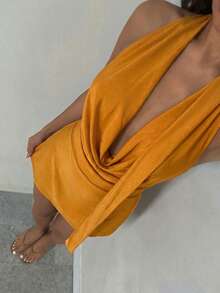 Glamine Elastic Satin V-Neck Backless Mini Party Dress For Women - Orange - View 6