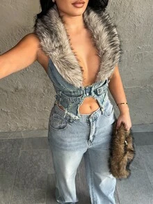 Dayanna Comas Y2K 女式可拆卸仿毛领牛仔夹克 - 藍色 - 查看 4