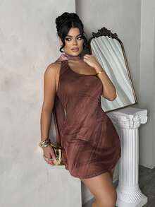 Dayanna Comas Damen Batik-Ärmellos Plissee Sexy Mode Mini-Kleid - Kaffeebraun - Übersicht 5