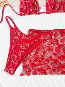 Swim SXY Set Bikini Wanita 3 Potong Motif Bunga dan Payet, Baju Renang Tanpa Punggung dengan Tali Pengikat untuk Pantai Musim Semi/Panas - Merah - View 4