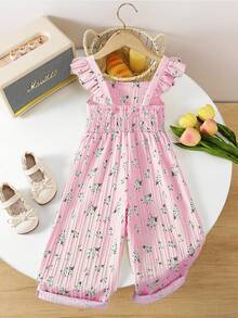 SHEIN Playful Pals 少女复古休闲修身独特碎花连体裤 - 适合夏季户外活动和上学穿着 - 粉色 - 查看 2