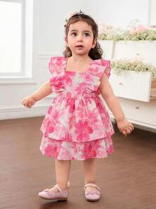 SHEIN Đầm rộng rãi, họa tiết hoa dễ thương cho bé gái, có bèo nhún ở gấu. - Nhiều màu - Xem 5