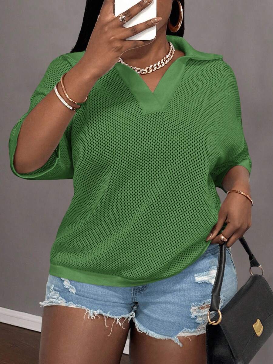 Slaydiva Loose Fit Solid Color V-Neck Drop Shoulder Hollow Out Knit Casual Blouse For Plus Size Women, Spring/Summer - Green - View 1