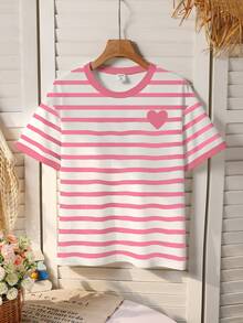 Girls' Round Neck Short Sleeve T-Shirt, Striped + Heart Pattern, Suitable For Spring And Summer, Minimalist Casual Fashionable Versatile - White - View 3