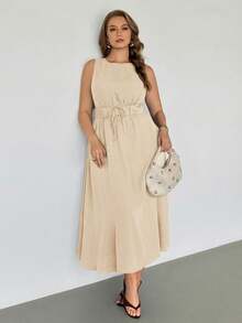 Auralis 亚麻无袖A字连衣裙，大码，优雅百搭，适合工作和通勤，松紧腰带配系带，喇叭下摆，休闲度假法式浪漫连衣裙，舒适的波西米亚风棕色连衣裙 - 杏色 - 查看 5