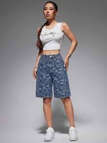 Jeanoix Women's Casual Streetwear Everyday Denim Shorts With Pockets And Button Closure Light Blue Floral Summer - Blue - View 3