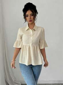 Elenzga Blusa casual de mujer con mangas con volantes de unicolor, para verano - Albaricoque - Ver 3