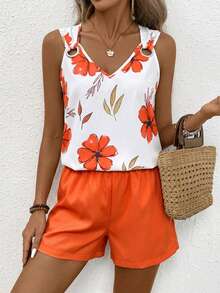 EMERY ROSE Conjunto casual de 2 piezas sin mangas con cuello en V y rayas para mujer - Naranja - Ver 3
