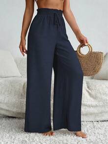 SHEIN Swim Vcay Quần bikini ống rộng cạp cao, xếp ly, buộc dây phía trước dành cho nữ, thích hợp cho kỳ nghỉ biển và mùa hè. - Màu xanh hải quân - Xem 3