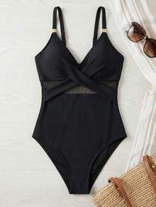 Women's Summer Vacation Casual Beach Wear Solid Black One-Piece Swimsuit Bikini With Adjustable Shoulder Straps And Tummy Control - Black - View 5