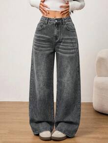 SHEIN PETITE 秋冬女款休閒度假水洗復古寬版米色水洗牛仔緊身牛仔褲，小個女款 - 灰色 - 查看 7