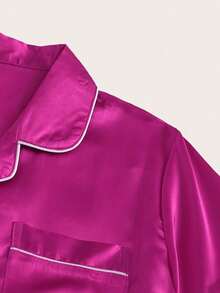 LuxeNights Conjunto de pijama de satén con ribete de contraste en color rosa neón - Rosa Fucsia - Ver 3