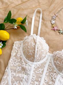 Soleia Áo corset họa tiết da báo viền ren, áo hai dây gợi cảm, thích hợp cho kỳ nghỉ, tiệc tùng, hẹn hò, ngày Valentine, tiệc trà chiều. - trắng - Xem 3