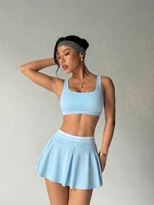 CourtClass CourtClass Culottes plissées polyvalentes à blocs de couleurs avec poches pour femmes, jupe plissée de golf sport, jupe de tennis bleu clair affinante, mini-jupe avec poches. - Bleu azur - Voir 6