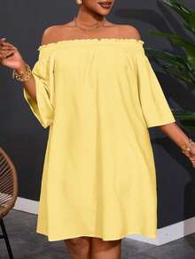 Slaydiva Plus Size Women's Off-Shoulder Elegant Commute & Vacation A-Line Dress - Light Yellow - View 3