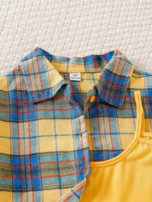 Vintaside Kids 3件套少女格子衬衫、背带裤套装、春夏时尚牛仔短裤、吊带背心、开衫三件套 - 黃色 - 查看 8