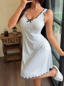 Napfluff Áo ngủ không tay bằng lụa sữa in họa tiết sọc và hoa dành cho nữ, thích hợp cho mùa hè. - Nhiều màu - Xem 3