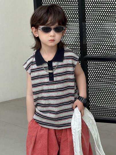 DAZY Polo Collar Striped Loose Short Sleeve T-Shirt, Casual Relaxed Style Minimalist Versatile Half Sleeve T-Shirt For Boys (Small)