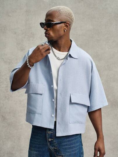 PAVTROS Áo sơ mi nam tay ngắn, màu trơn, dáng rộng, vai rớt, phong cách đường phố.
