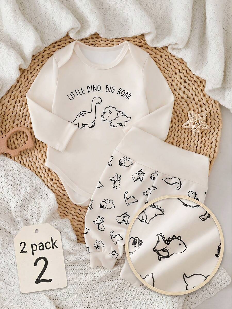 SHEIN Newborn Dinosaur Print Romper & Pants Set - Khaki - View 1