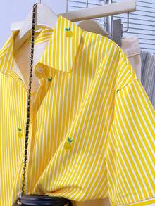 Áo sơ mi nữ tay ngắn kẻ sọc thêu hình quả chanh, cài cúc phía trước, kiểu dáng thường ngày, thích hợp cho mùa hè. - Màu vàng - Xem 6