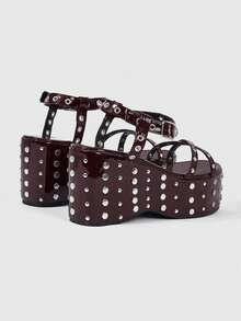 ROMWE Grunge Punk Ladies, Spike Buckles, Lame-Heeled Platform Sandals. - Burgundy - View 4