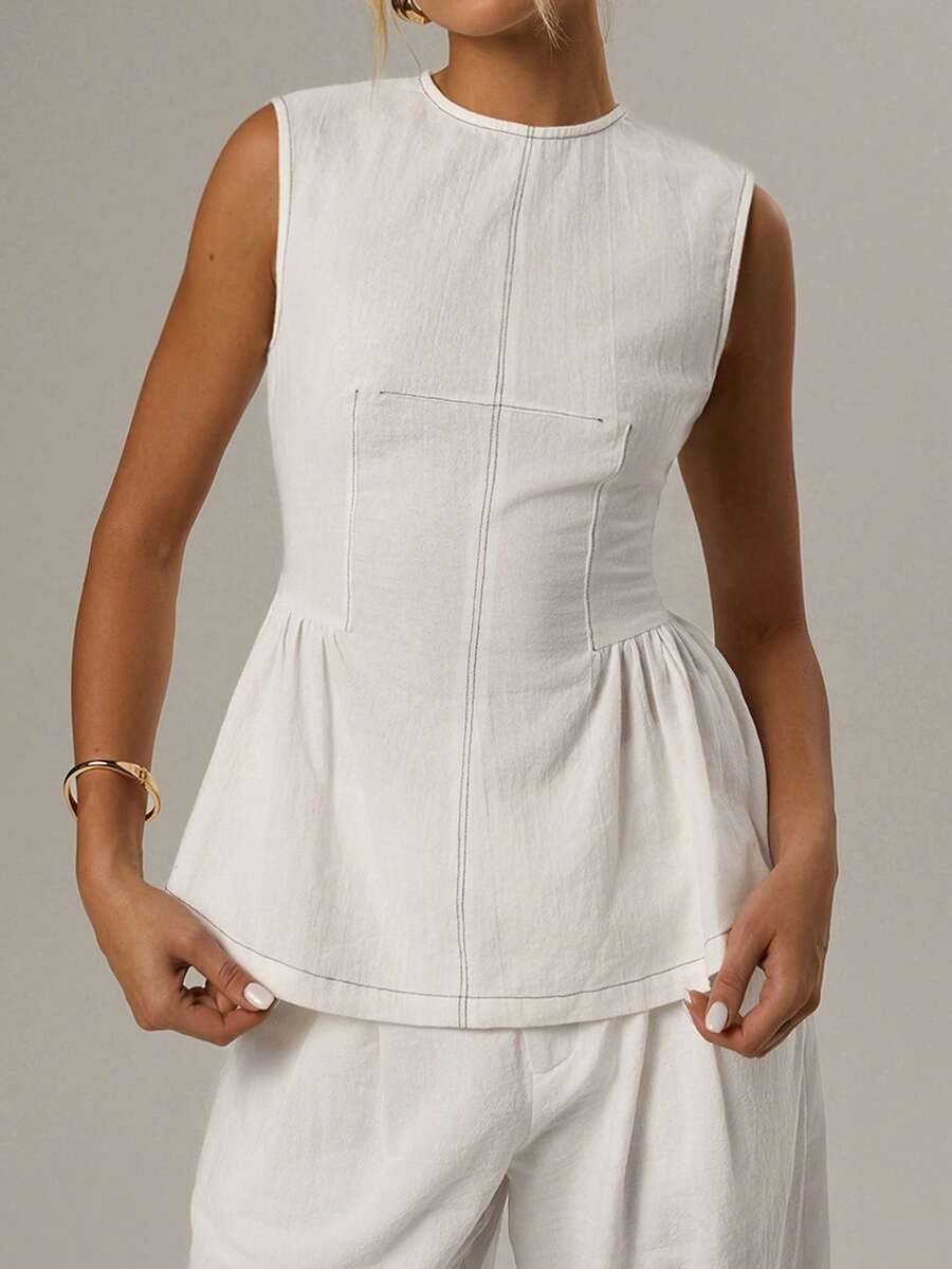 Forever 21 Spring Festival Casual To Work Elegant Vintage Street Style Sleeveless Textured Beige Blouse For Women - White - View 1