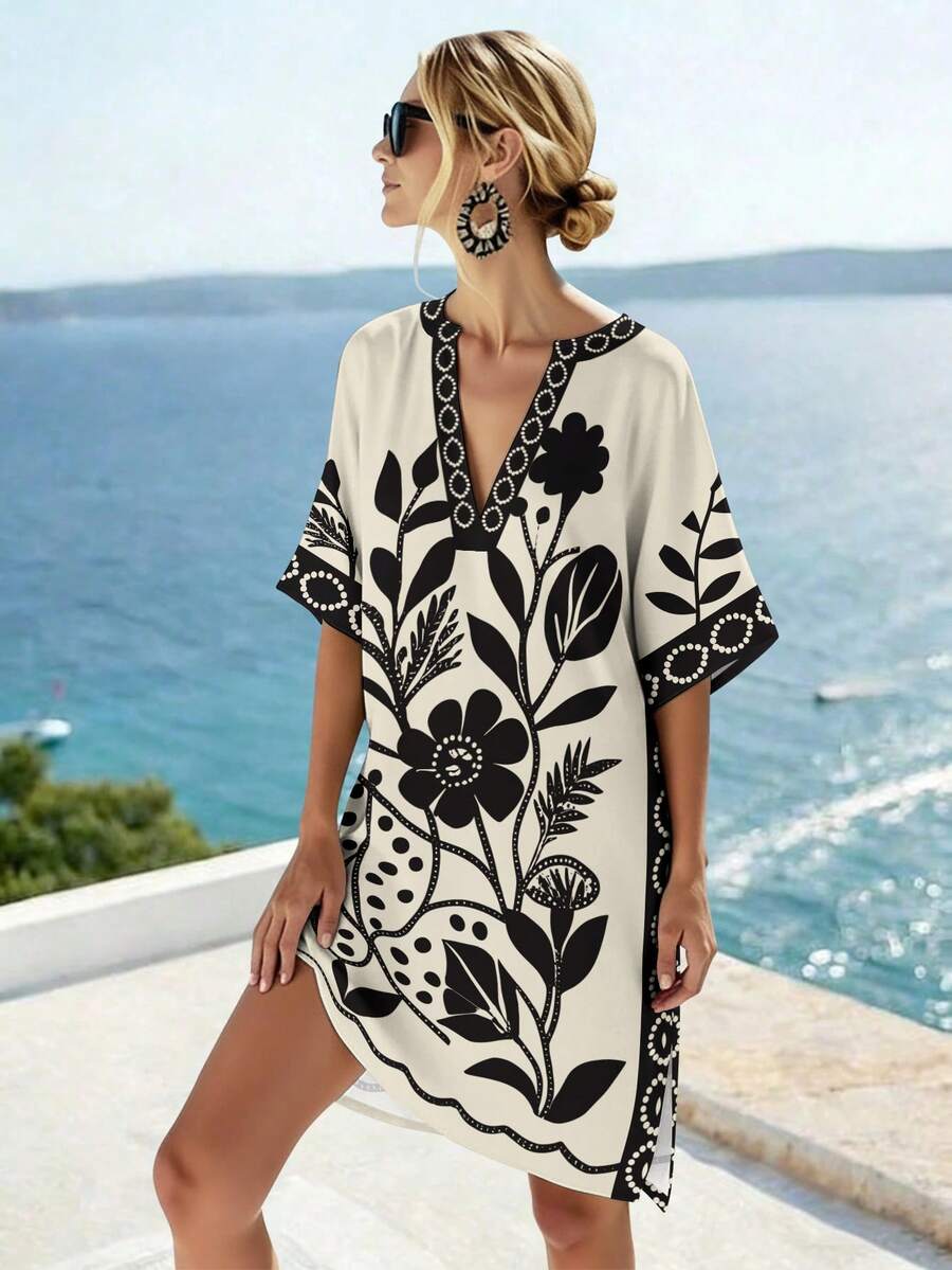 EMERY ROSE Đầm dáng chữ A rộng rãi, tay ngắn, cổ chữ V, màu be và đen, tối giản, đa năng cho công sở và mặc hàng ngày, tôn dáng và thanh lịch, họa tiết hoa trang trí, đầm dáng chữ A rộng rãi, tay ngắn, cổ chữ V, màu be và đen, kiểu áo tunic, áo khoác ngoài đồ bơi, áo khoác ngoài đồ đi biển, đầm nghỉ mát, đầm đi biển, áo khoác ngoài đồ bơi cho nữ, đầm kimono. - Nhiều màu - Xem 1