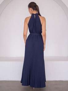 Andrea Bello Valentinstag Damen Kleid mit gerafftem V-Ausschnitt, plissiert, figurbetonter Schnitt & ausgestellter Rock, elegant romantisch - marineblau - Übersicht 2