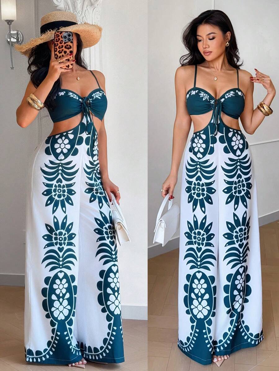 Eryvara 女士印花性感露背吊带系带镂空阔腿连体裤 - 彩色 - 查看 1