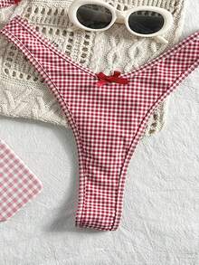 Swim Mod 女士夏季随机红色格子细肩带可爱蝴蝶结比基尼两件套 - 彩色 - 查看 5