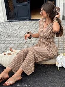Women's Vacation Casual Striped Shirt And Pants 2 Pieces Set - Brown - View 6