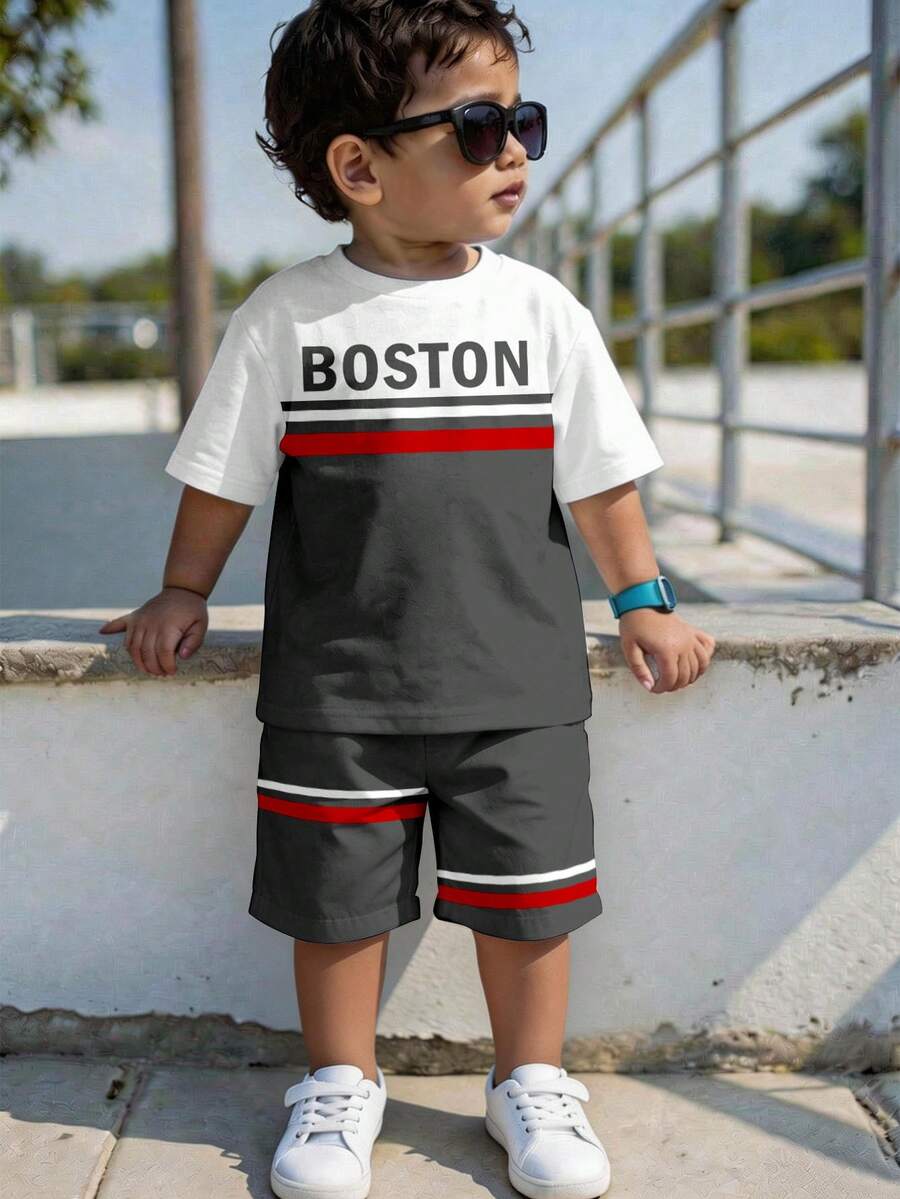 SHEIN Conjunto de camiseta casual simple para niño, estampado de bloque de color clásico, estampado gráfico con texto de Boston, adecuado para deportes - Multicolor - Ver 1