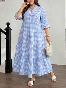 SHEIN LUNE Plus Size Notched Neck 3/4 Sleeve Ruffle Hem Plaid Summer Dress - Multicolor - View 4