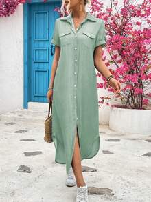 EMERY ROSE 女士夏季牛仔效果面料长款衬衫裙女装 - 綠色 - 查看 3
