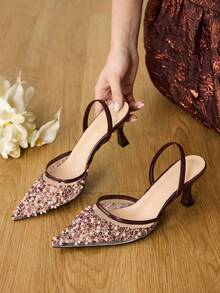 CUCCOO HITCHD Sandal Hak Tinggi Wanita Motif Bunga Elegan untuk Pesta Natal - Burgundy - View 6