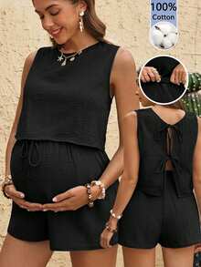 Boho Mama Umstandsmode Einfarbiges Trägertop mit Bindedetail und Shorts 2-teiliges Set - Schwarz - Übersicht 2