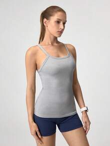 Loungeista Camiseta de tirantes ajustada y corta de unicolor para mujer - Gris - Ver 8
